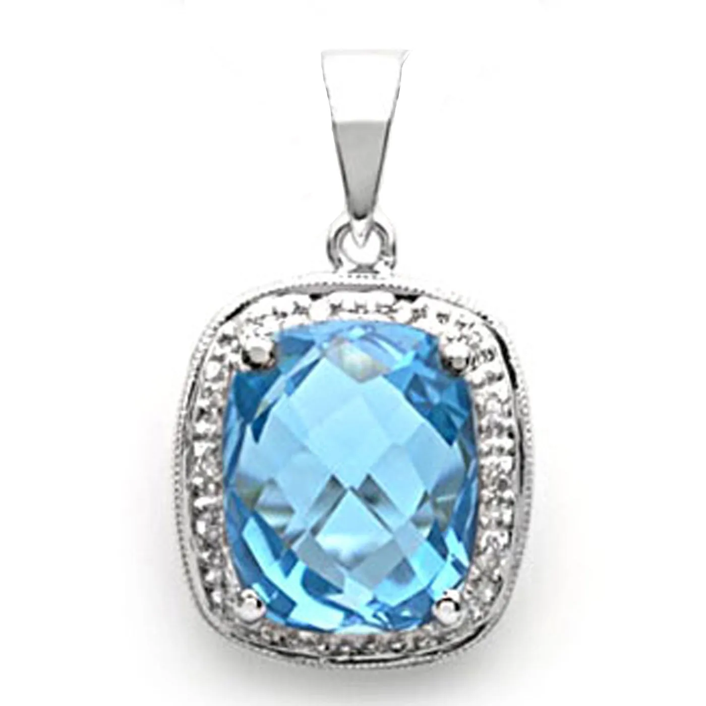 14k White Gold Cushion-Cut Blue Topaz and Diamond Pendant