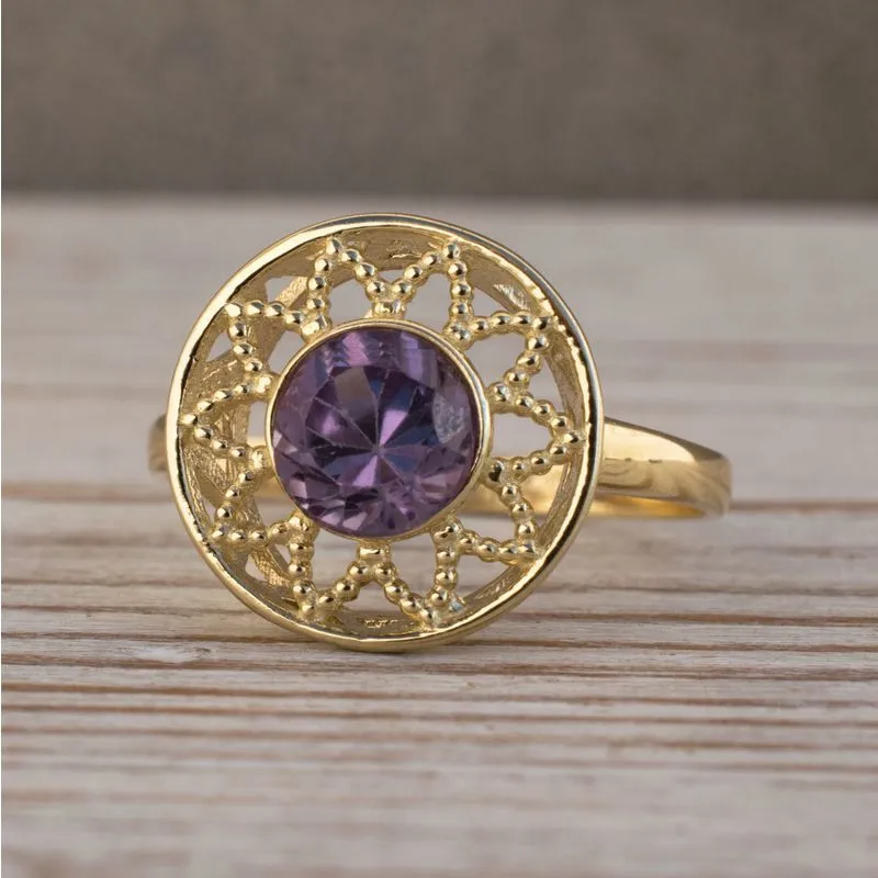 14K Yellow Gold Round Purple Amethyst 6mm Ring