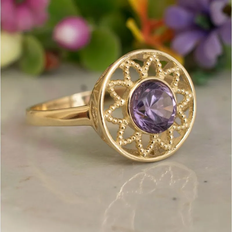 14K Yellow Gold Round Purple Amethyst 6mm Ring