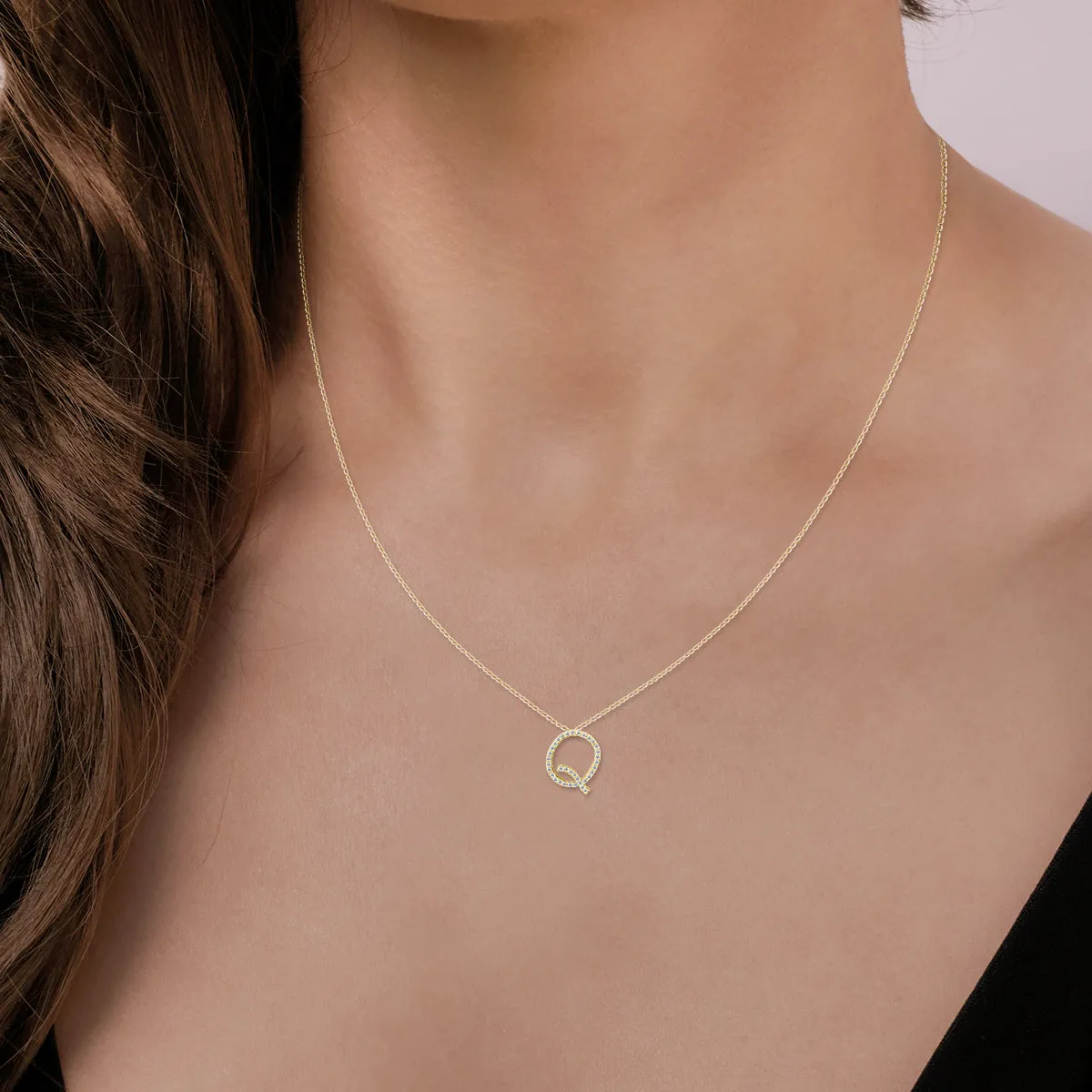 1/5 Carat Tw Q Initial Diamond Pendant Necklace In 10K Yellow Gold With Adjustable Chain