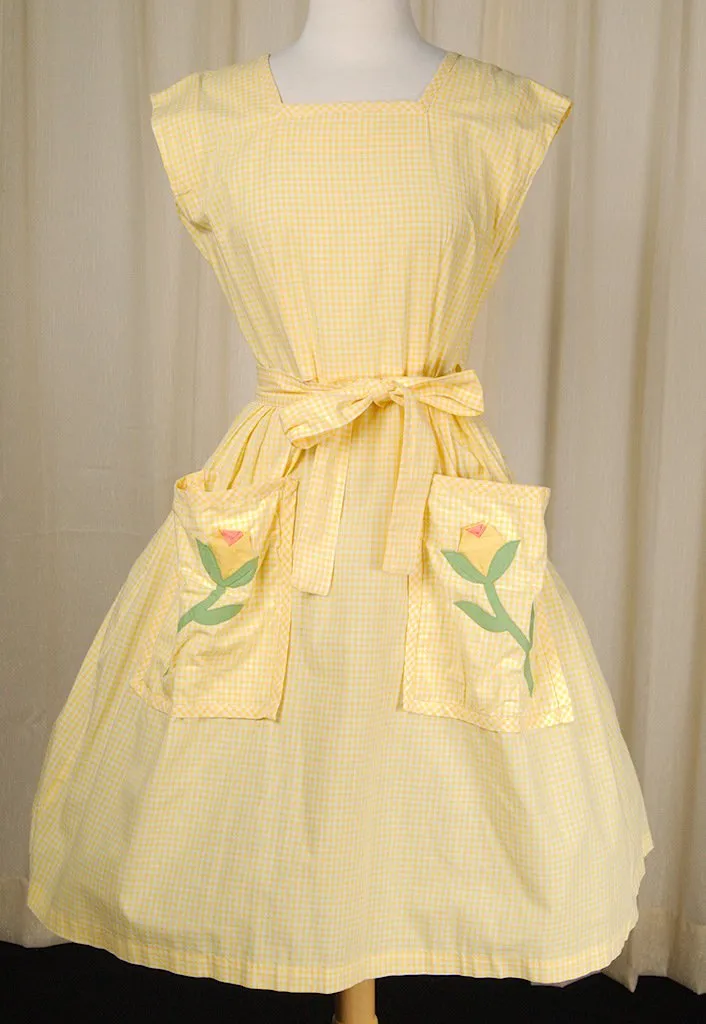 1950s Gingham Floral Wrap Dress