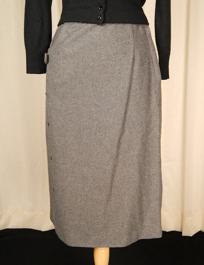 1950s Gray Wool Skirt w Bow