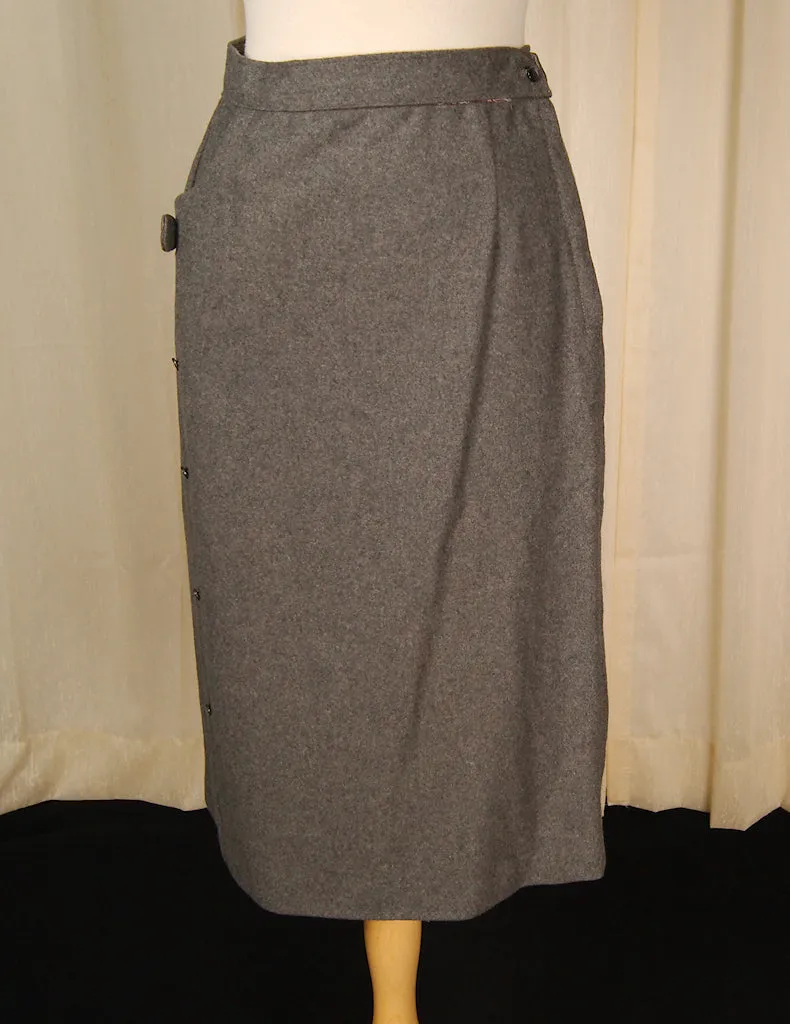 1950s Gray Wool Skirt w Bow