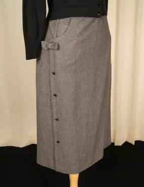 1950s Gray Wool Skirt w Bow