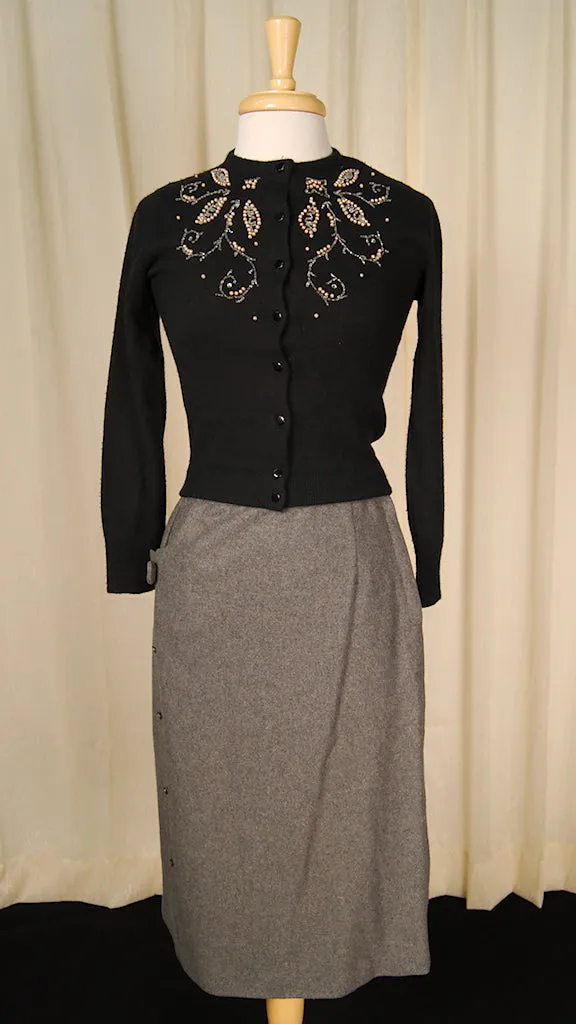 1950s Gray Wool Skirt w Bow