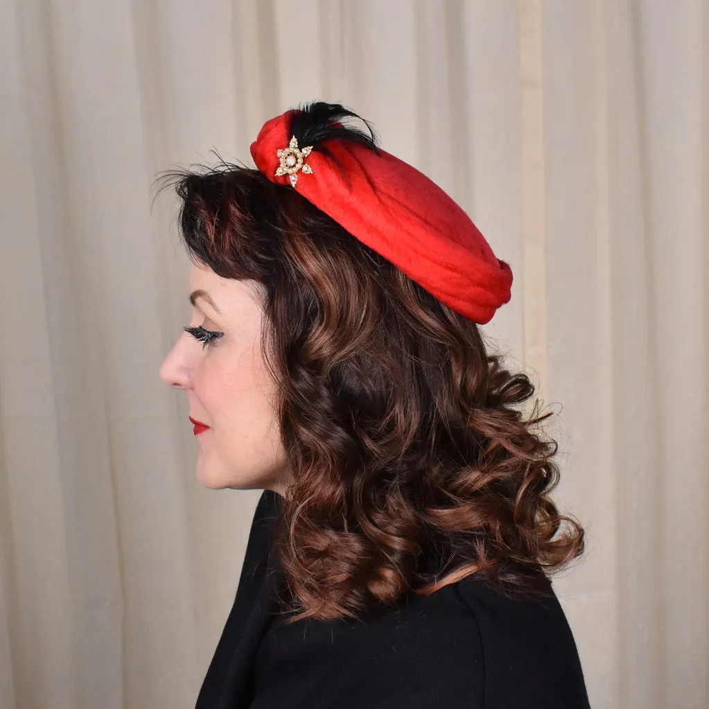 1950s Red Fuzzy Feather Cap Hat