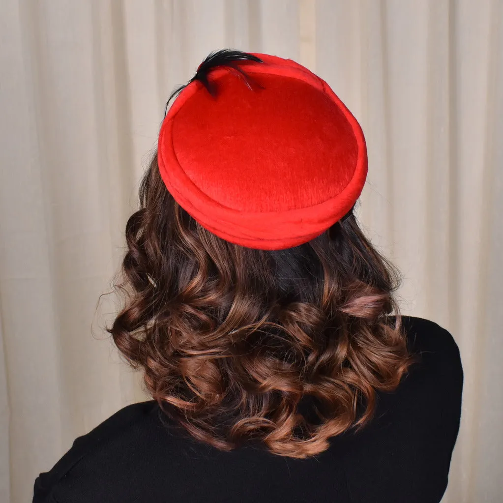 1950s Red Fuzzy Feather Cap Hat