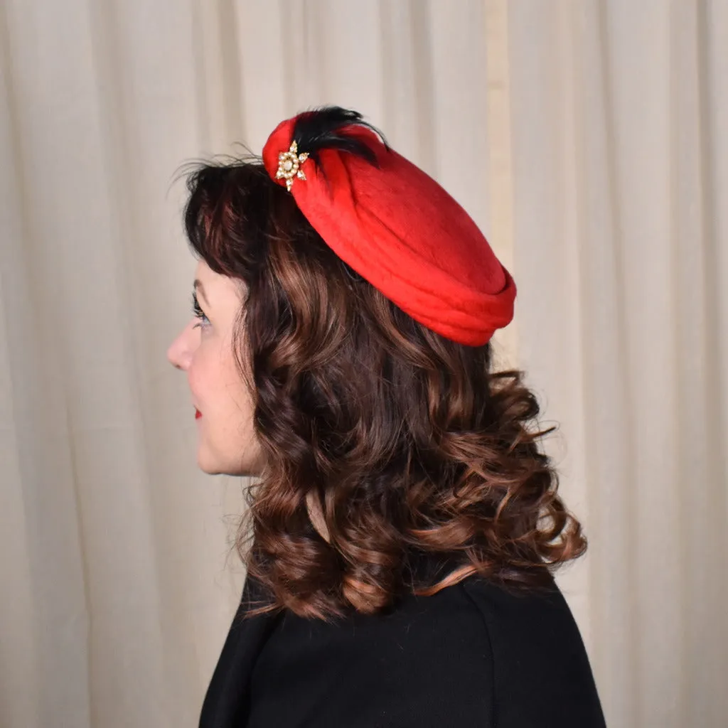 1950s Red Fuzzy Feather Cap Hat