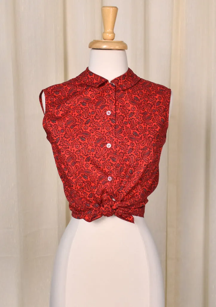 1950s Red Paisley Sleeveless Rockabilly Blouse