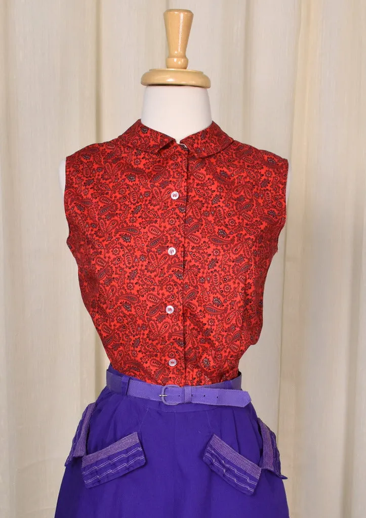 1950s Red Paisley Sleeveless Rockabilly Blouse