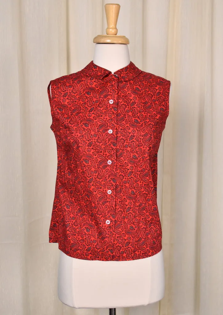 1950s Red Paisley Sleeveless Rockabilly Blouse