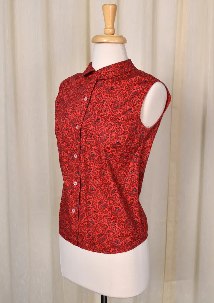 1950s Red Paisley Sleeveless Rockabilly Blouse