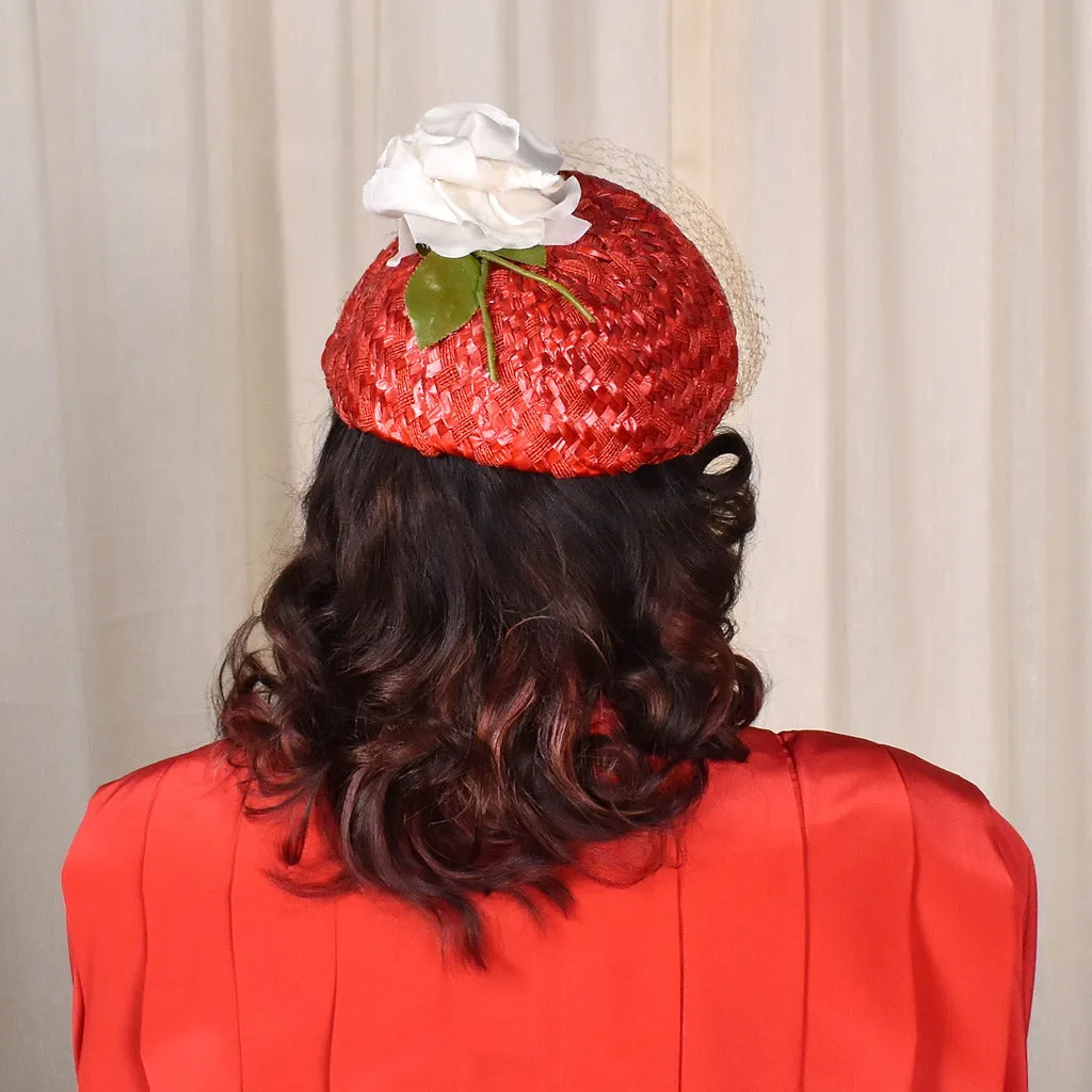 1950s Red Straw Cap W Roses