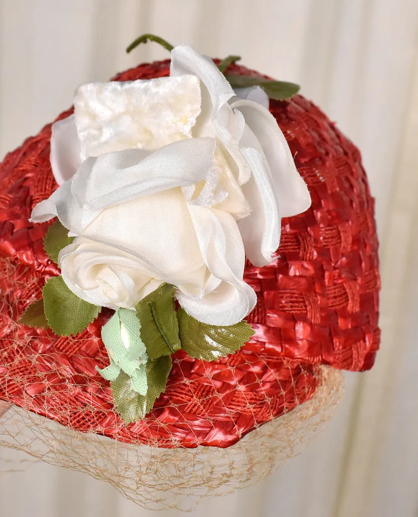 1950s Red Straw Cap W Roses