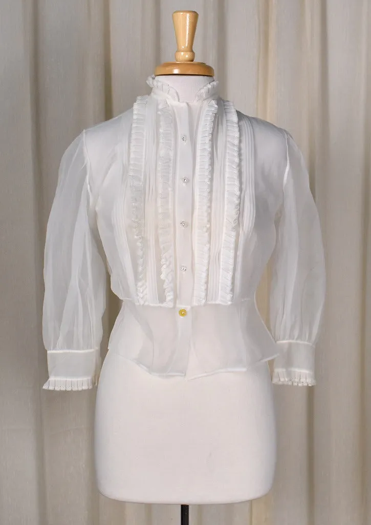 1950s Sheer Rhinestone Button Ruffle Blouse