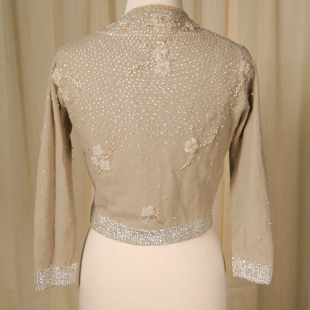 1950s Taupe Beaded Cardigan