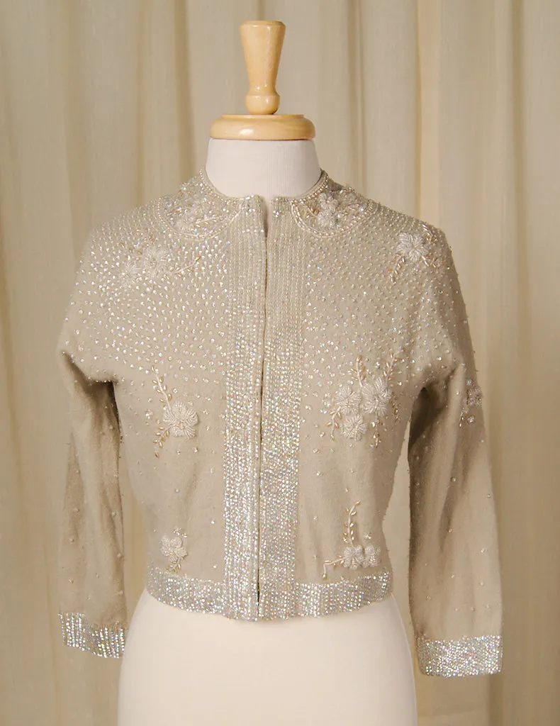 1950s Taupe Beaded Cardigan