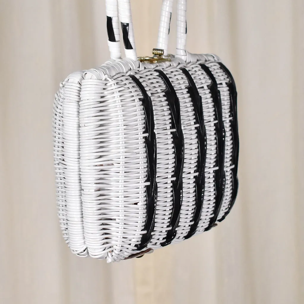 1950s Vintage Black & White Wicker Bag