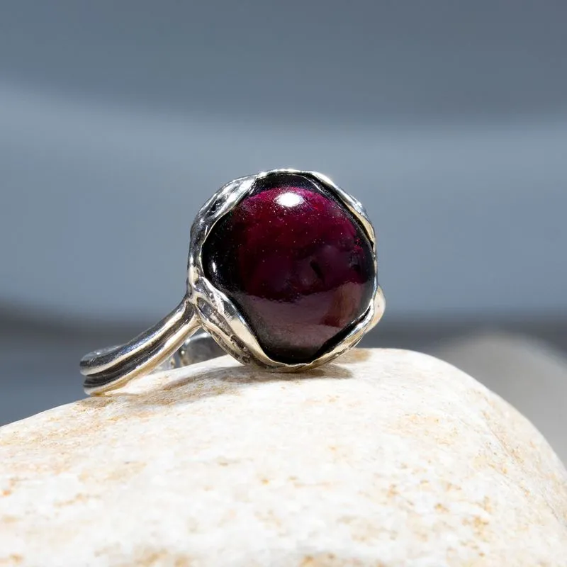 925 Silver Garnet Ring - January Birthstone, Adjustable, Handmade