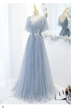 A line Light Sky Blue Tulle Prom Dresses SH171