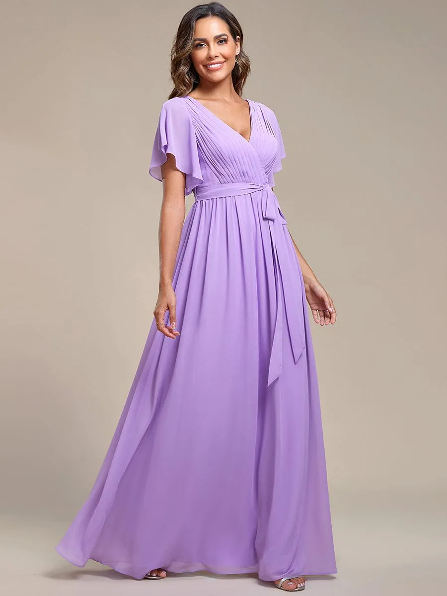 A-Line Pleated Chiffon Tie-Waist Evening Dress