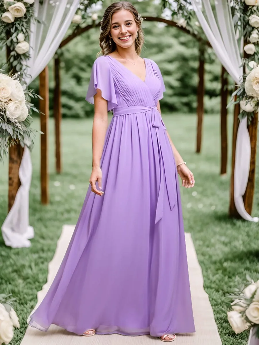 A-Line Pleated Chiffon Tie-Waist Evening Dress