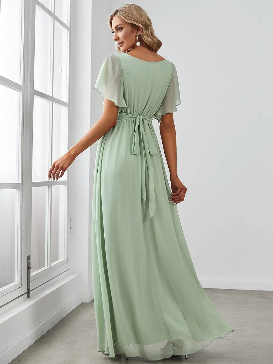 A-Line Pleated Chiffon Tie-Waist Evening Dress