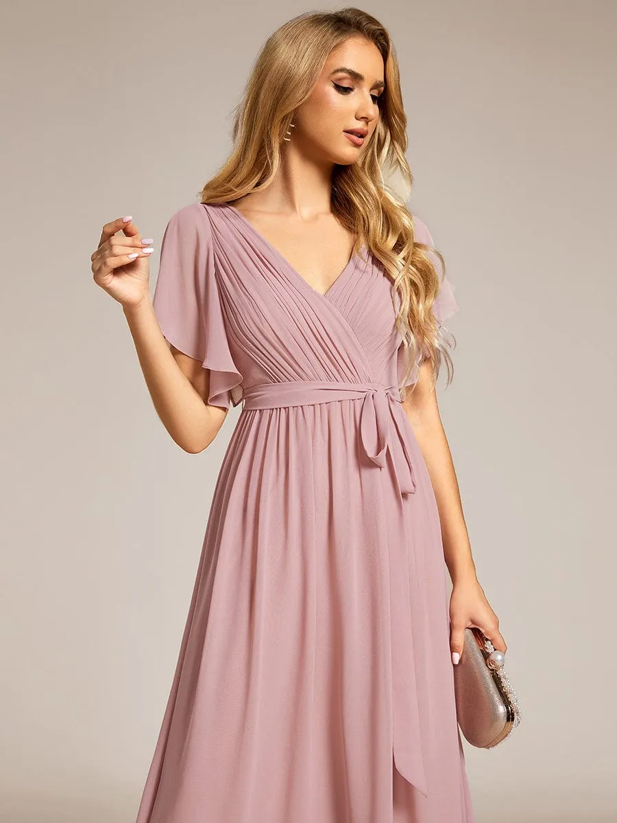 A-Line Pleated Chiffon Tie-Waist Evening Dress