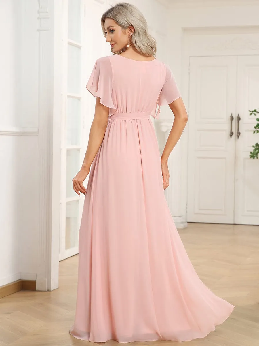 A-Line Pleated Chiffon Tie-Waist Evening Dress