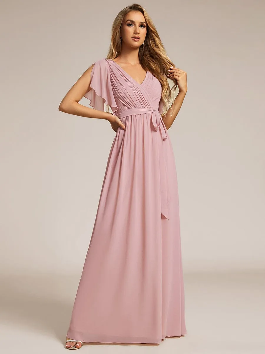 A-Line Pleated Chiffon Tie-Waist Evening Dress