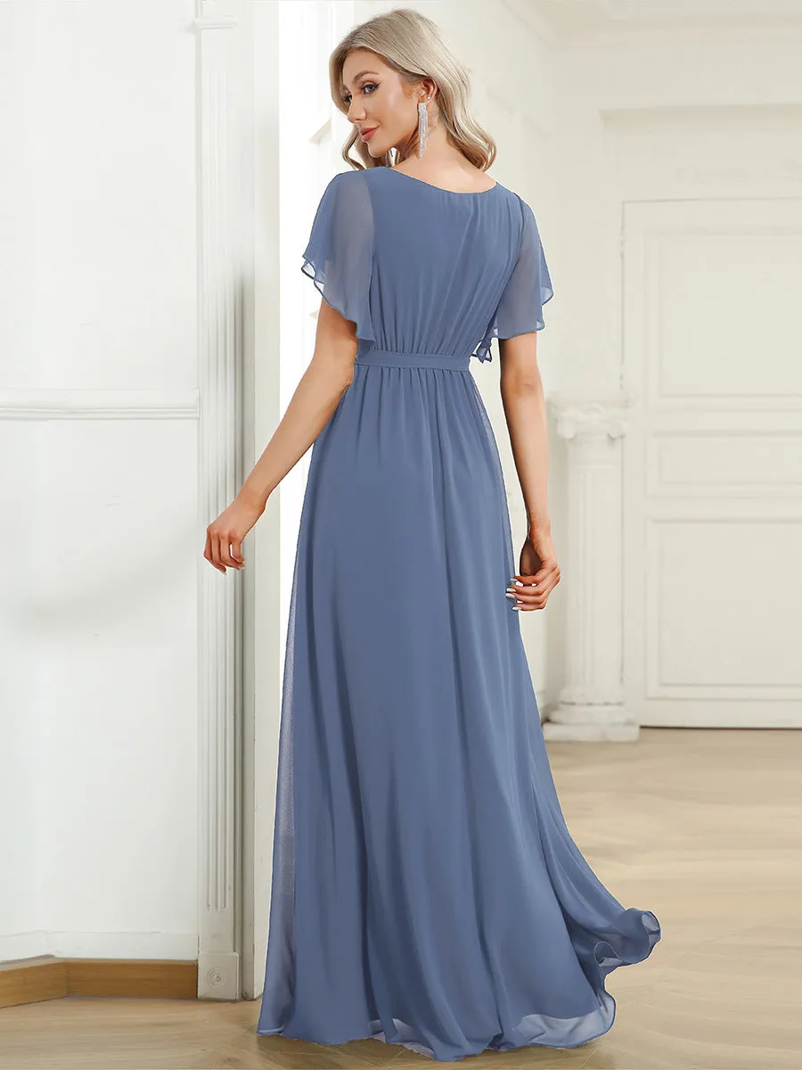 A-Line Pleated Chiffon Tie-Waist Evening Dress