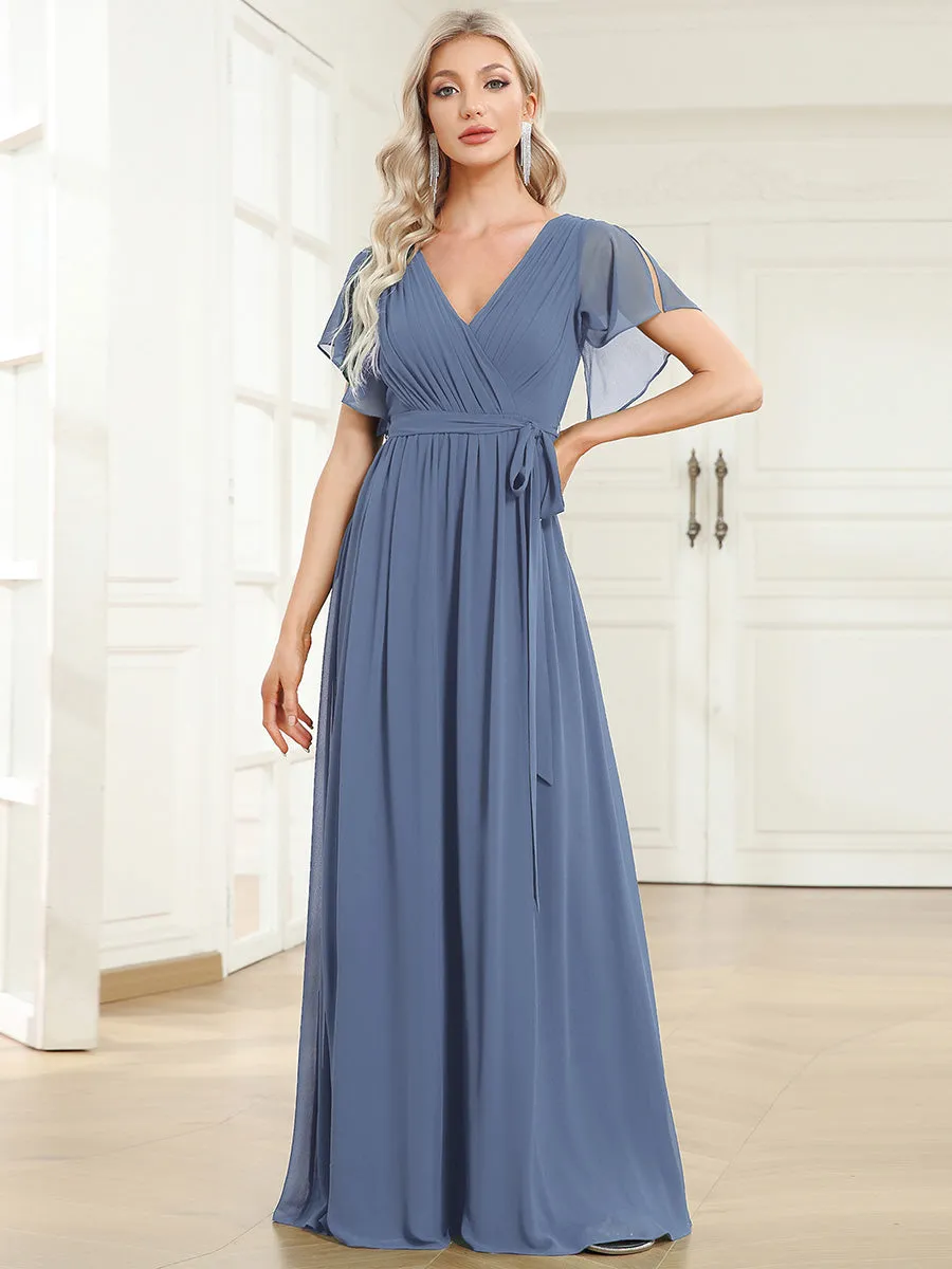 A-Line Pleated Chiffon Tie-Waist Evening Dress