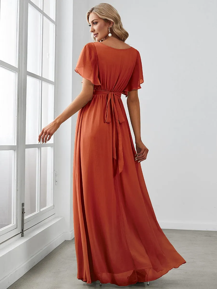 A-Line Pleated Chiffon Tie-Waist Evening Dress