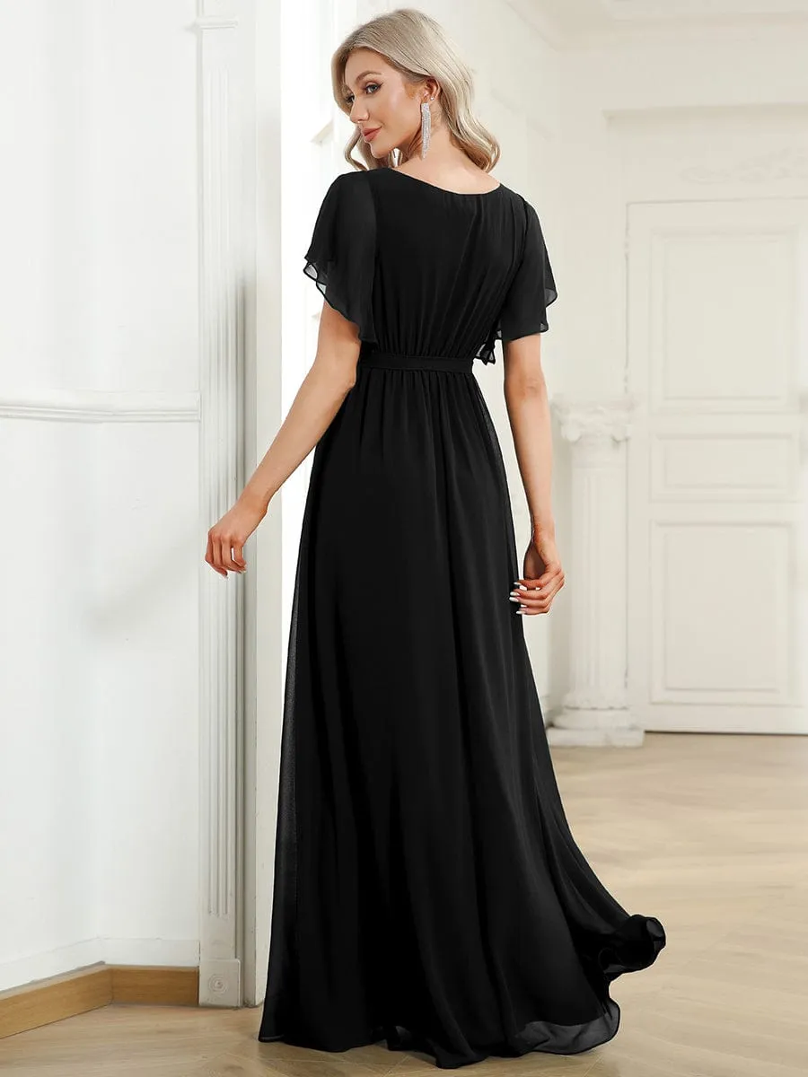 A-Line Pleated Chiffon Tie-Waist Evening Dress