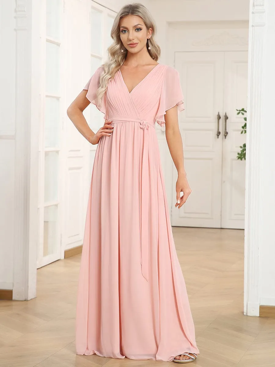 A-Line Pleated Chiffon Tie-Waist Evening Dress