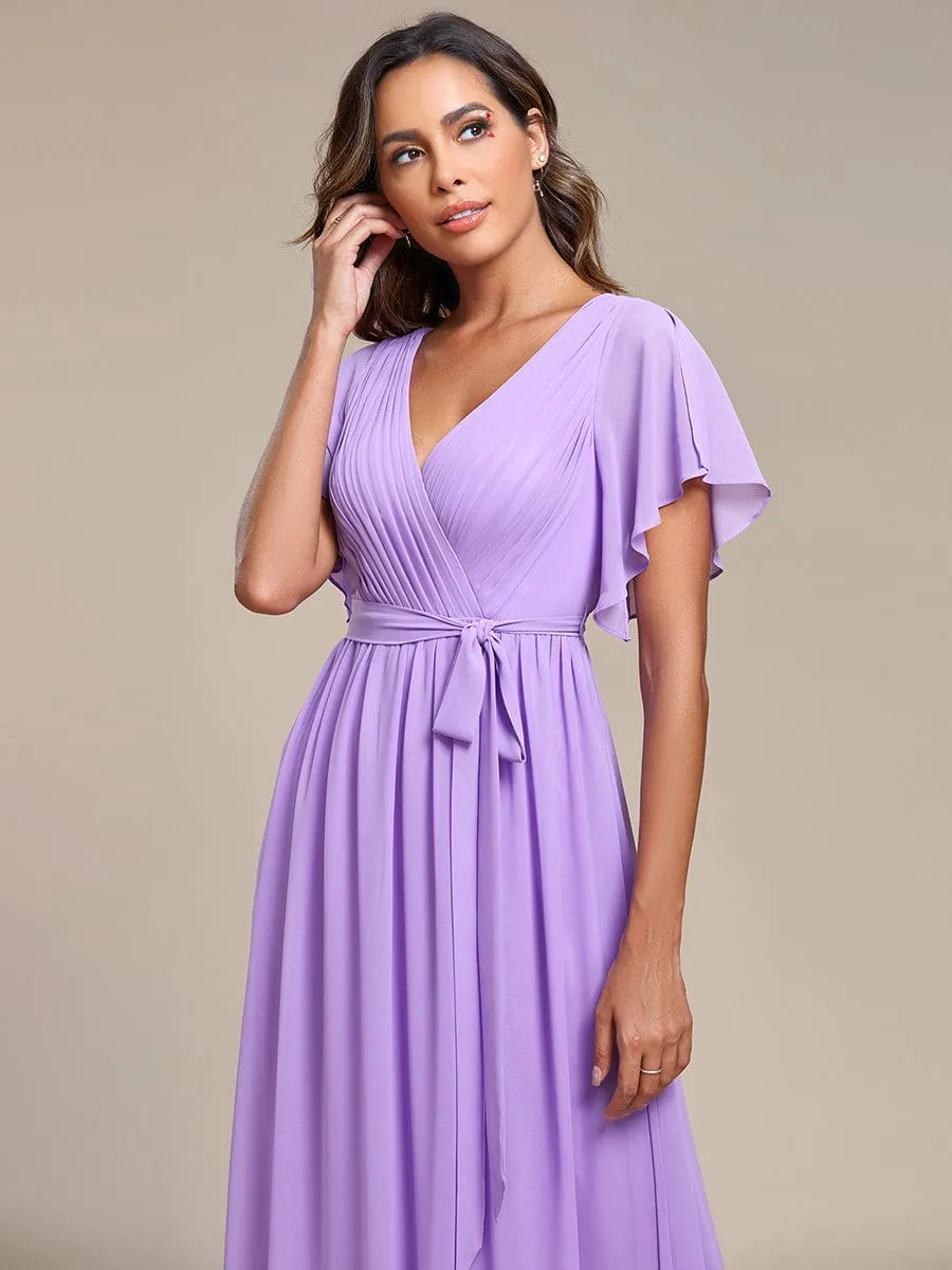 A-Line Pleated Chiffon Tie-Waist Evening Dress