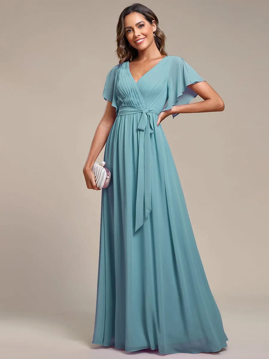 A-Line Pleated Chiffon Tie-Waist Evening Dress