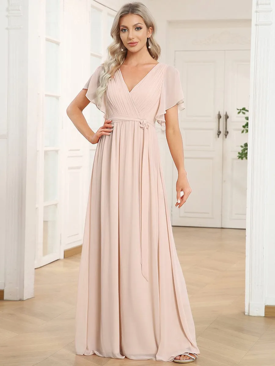 A-Line Pleated Chiffon Tie-Waist Evening Dress