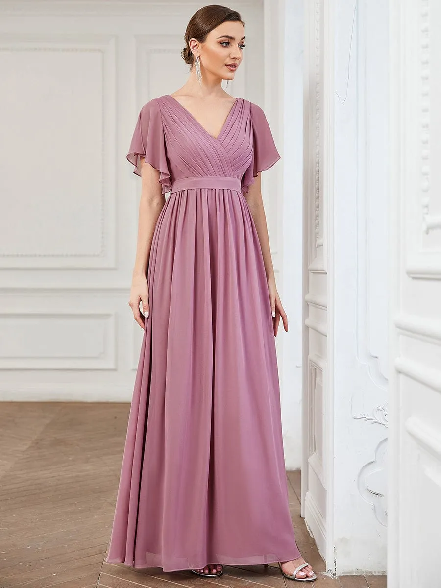 A-Line Pleated Chiffon Tie-Waist Evening Dress