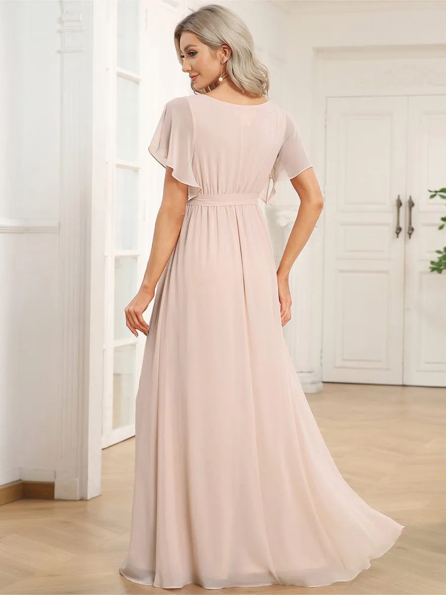 A-Line Pleated Chiffon Tie-Waist Evening Dress