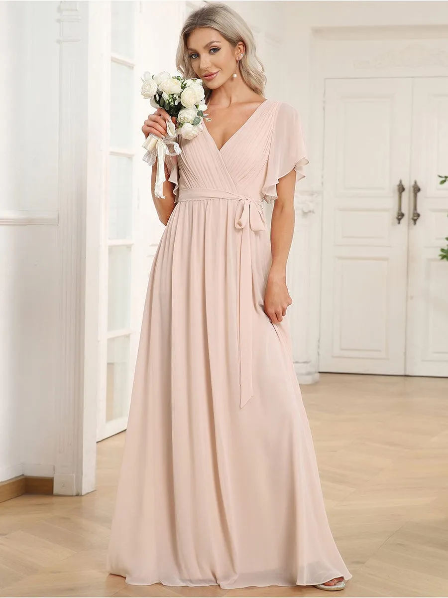 A-Line Pleated Chiffon Tie-Waist Evening Dress