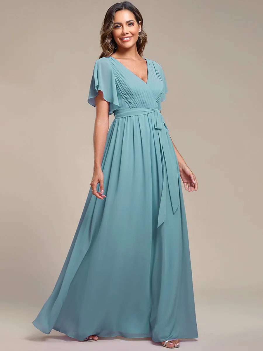 A-Line Pleated Chiffon Tie-Waist Evening Dress