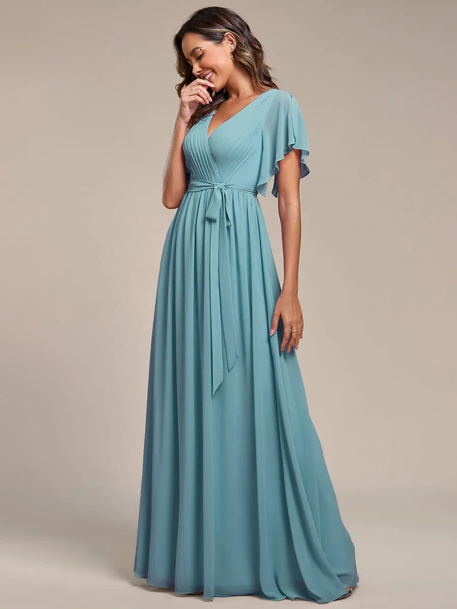 A-Line Pleated Chiffon Tie-Waist Evening Dress