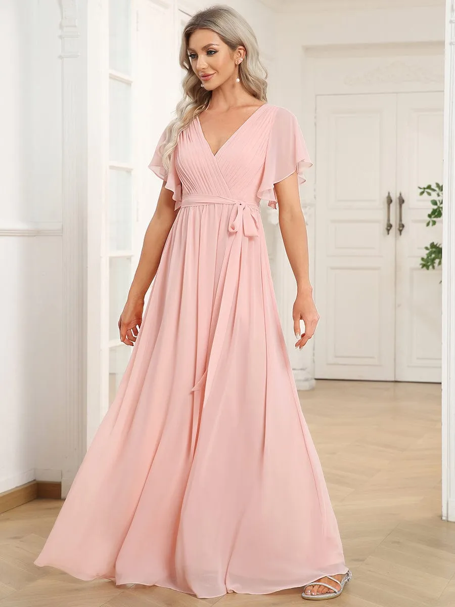 A-Line Pleated Chiffon Tie-Waist Evening Dress