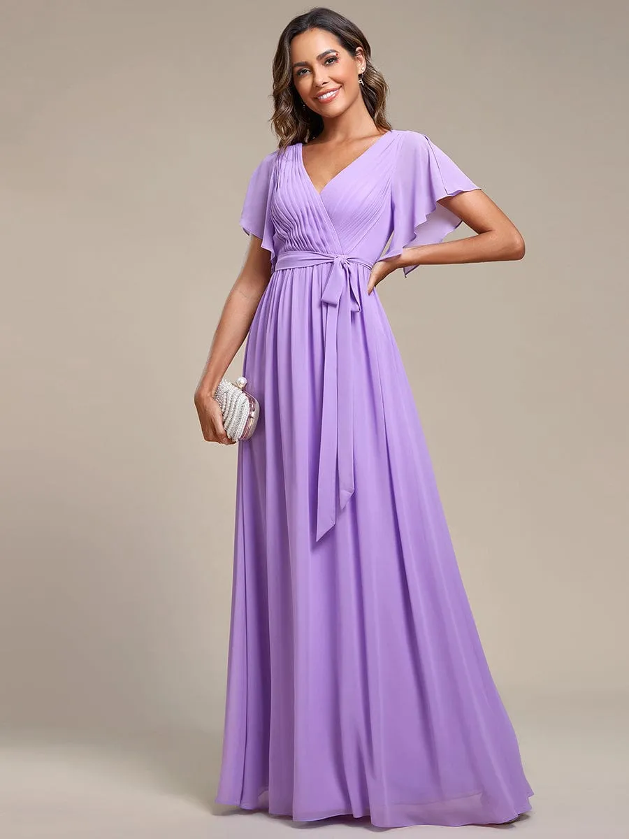 A-Line Pleated Chiffon Tie-Waist Evening Dress