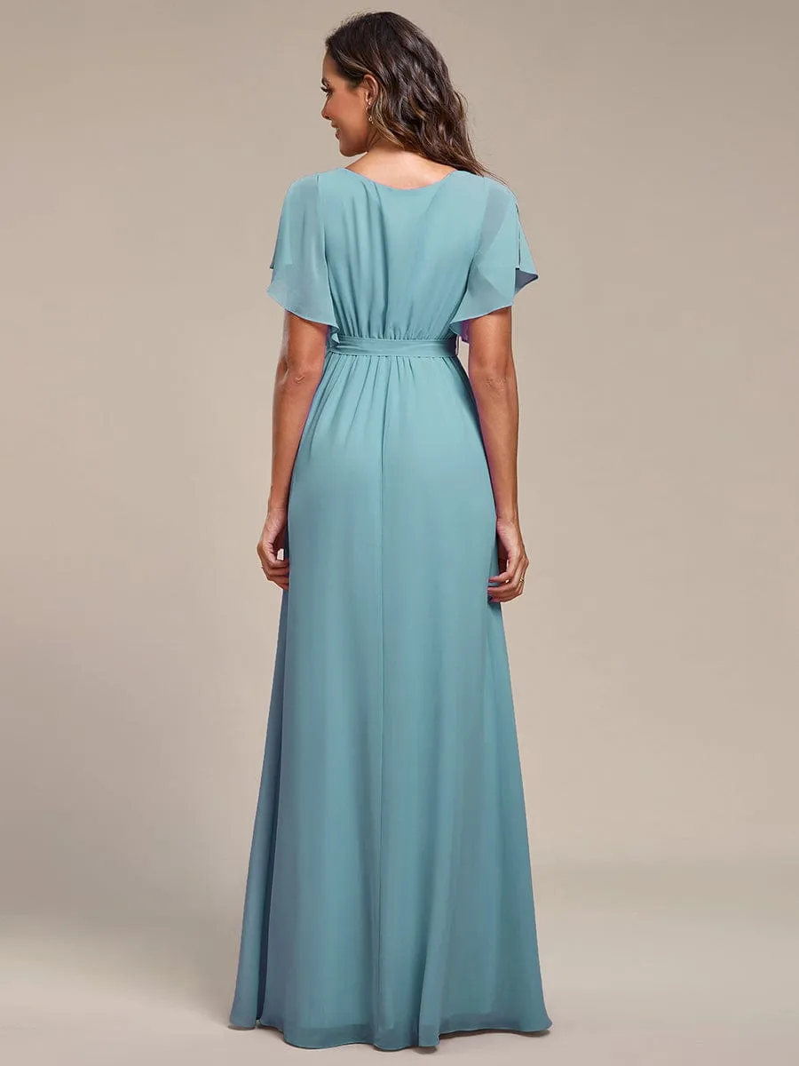 A-Line Pleated Chiffon Tie-Waist Evening Dress