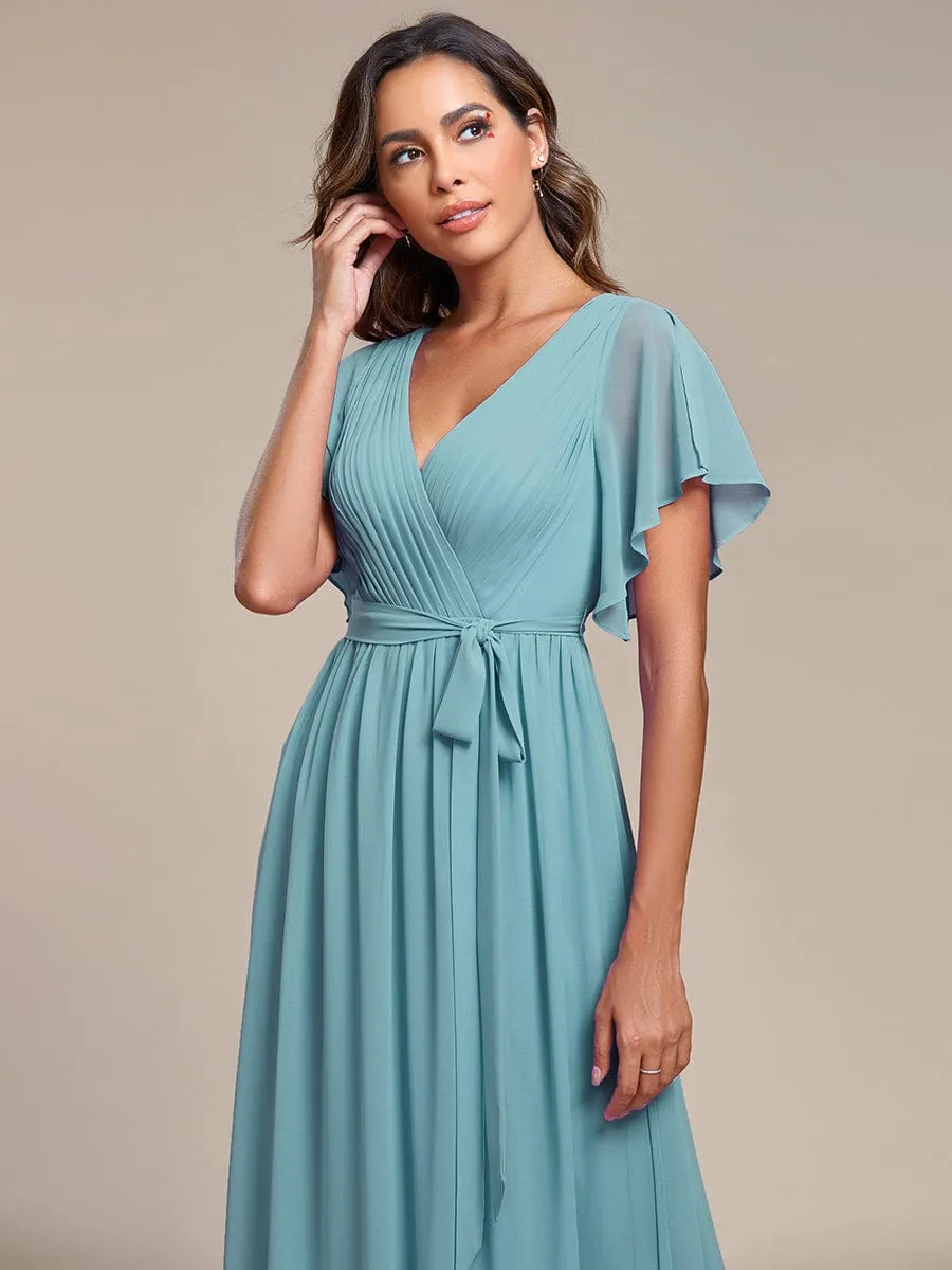 A-Line Pleated Chiffon Tie-Waist Evening Dress