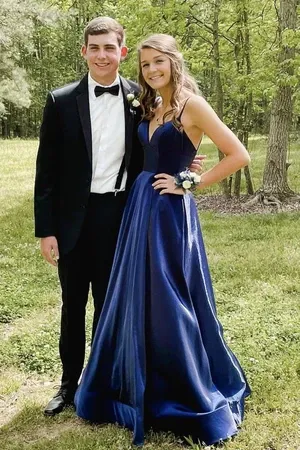 A Line V Neck Blue Satin Long Prom Dresses, A Line V Neck Blue Satin Long Formal Evening Dresses