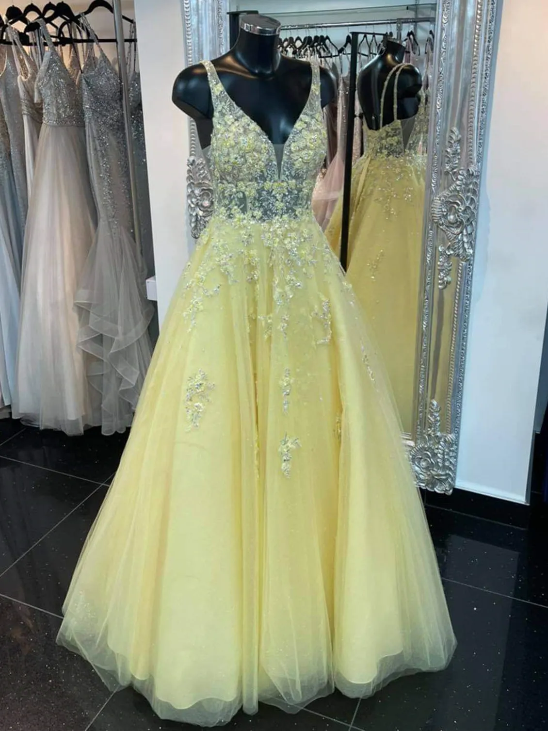 A-line V Neck Open Back Lace Floral Long Prom Dresses Yellow Tulle Formal Gowns