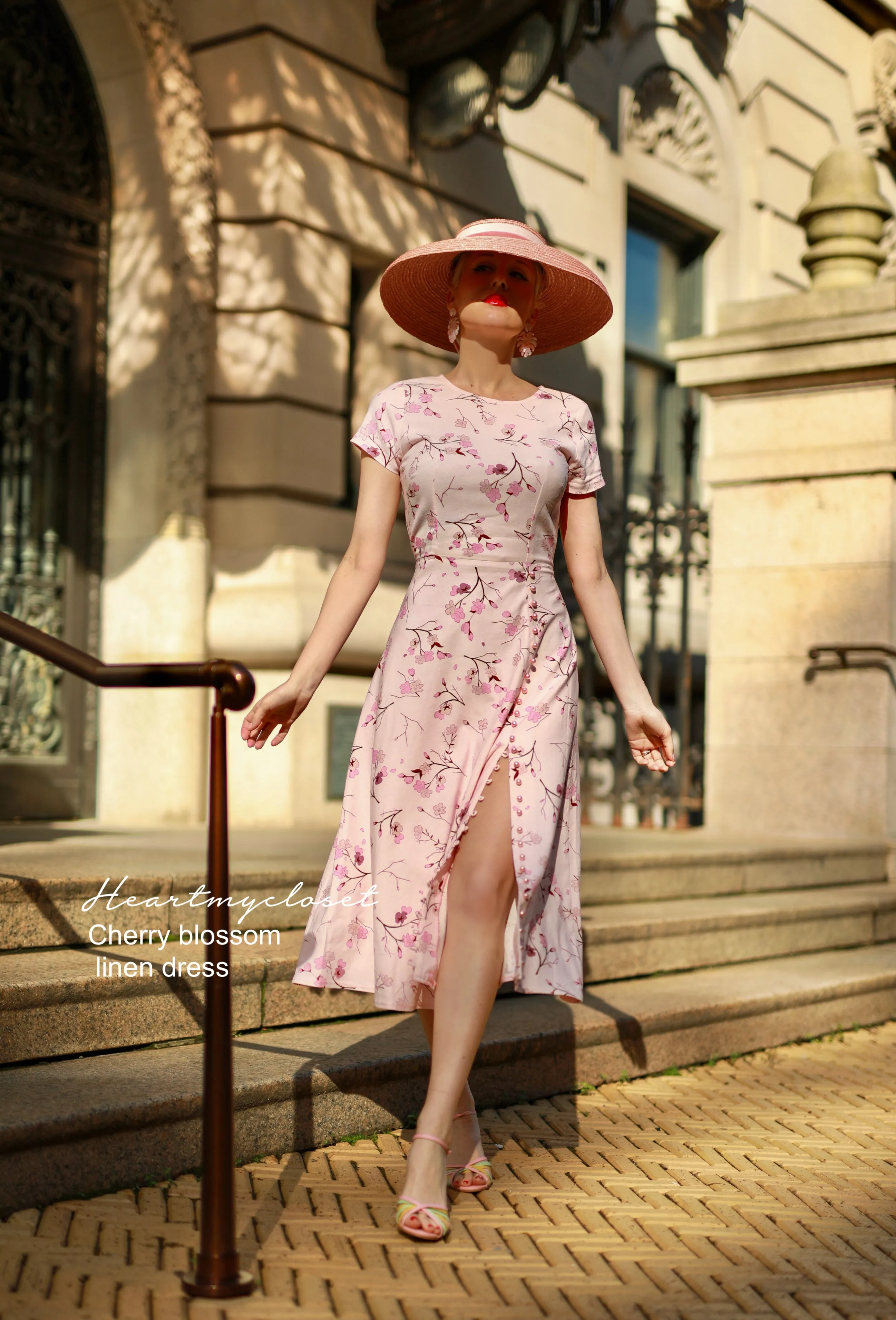 Abigail - Cherry Blossom linen dress - pearl buttons Aline skirt